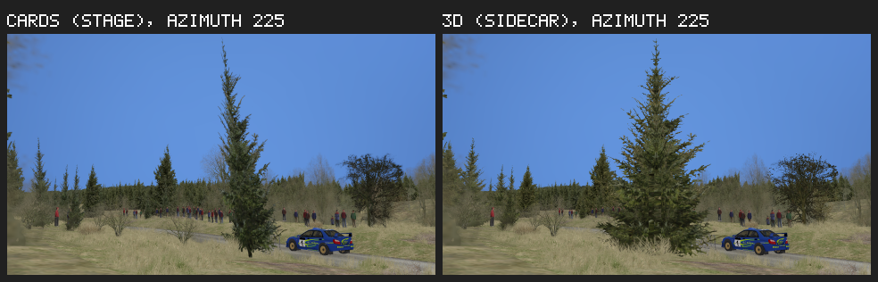 The same spruce on Chirdonhead from a free camera beside the road: left as the stage's flat crossed cards, a thin sliver from this angle; right as a full 3D tree from the sidecar.